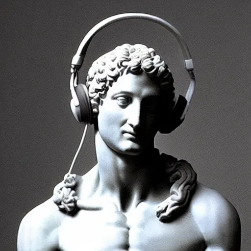 Image similar to A photo of Michelangelo's sculpture of David wearing headphones djing