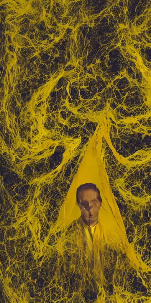 Image similar to faceless man in a yellow suit, hidden behind torn cloth swirling violently