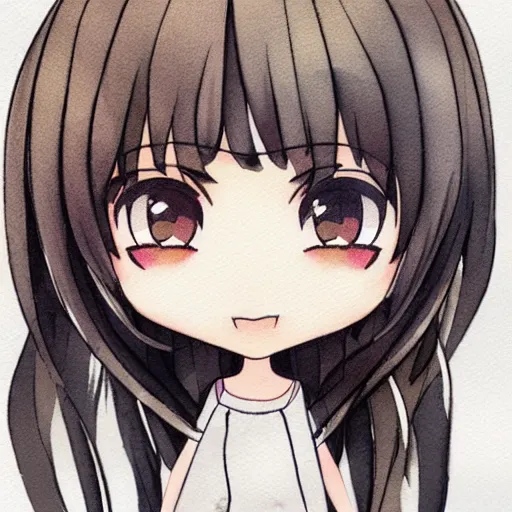 Image similar to beautiful water color concept art of cute nendoroid girl in the style of line art, inc and pen, toon rendering, close-up, flat, lacking in three-dimensionality, flat tone