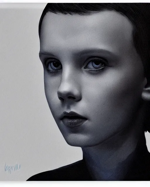 Prompt: close up portrait of millie bobby brown by yoji shinkawa, black and white, high contrast