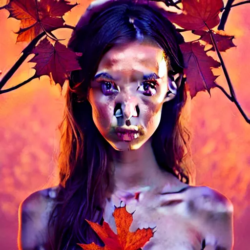 Image similar to gorgeous female stella maeve magician, realistic character concept, overhead shot, drone shot, elegant pose, spooky, illustration, symmetrical face and body, cinematic lighting, detailed realistic symmetrical eyes, 8 k, joshua middleton, artgerm, tom bagshaw, single face, insanely detailed and intricate elegant, autumn leaves