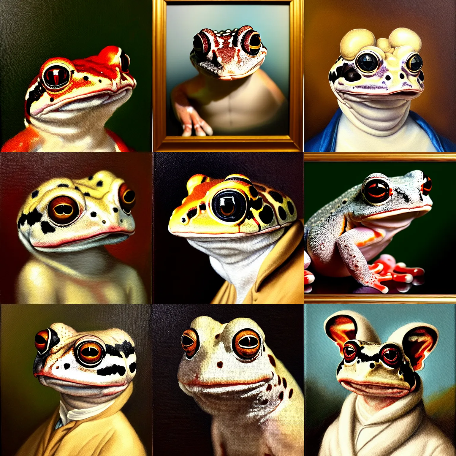 Prompt: a head and shoulders portrait painting of an anthropomorphic!!!!!!!!!! amazon milk frog!!!!!!!!!! wearing a colonial outfit without a hat looking off camera, a character portrait, american romanticism, oil on canvas, soft focus, warm lighting