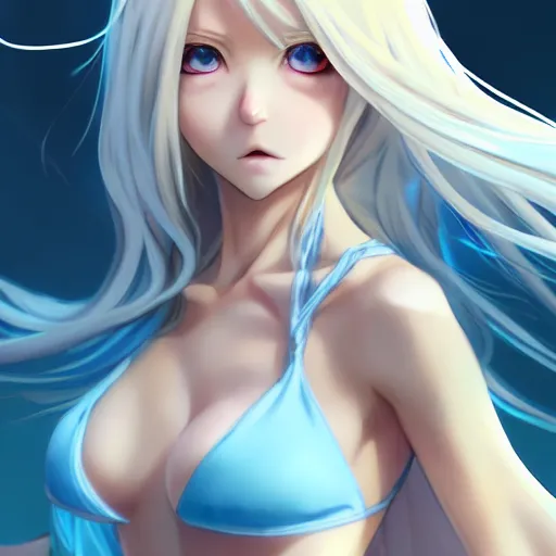 Image similar to a very beautiful young anime jedi girl, full body, long wavy blond hair, sky blue eyes, full round face, evil grin, bikini, miniskirt, front view, mid - shot, highly detailed, cinematic wallpaper by stanley artgerm lau