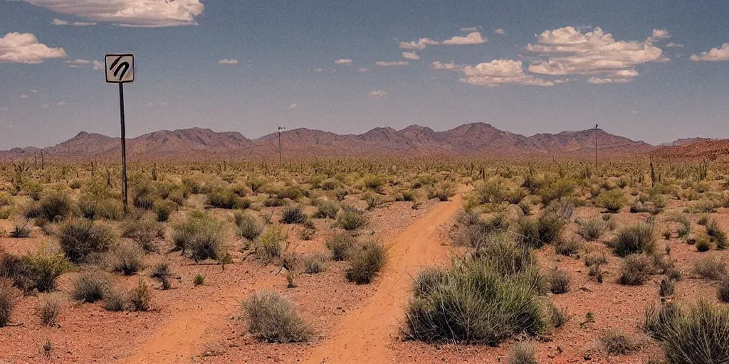 Image similar to “Desert highway in the style of Marcelino Truong, signs, capitalism, low horizon, industry, cactus, mountain”