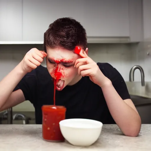 Image similar to young man vomiting ketchup into a sink 4k