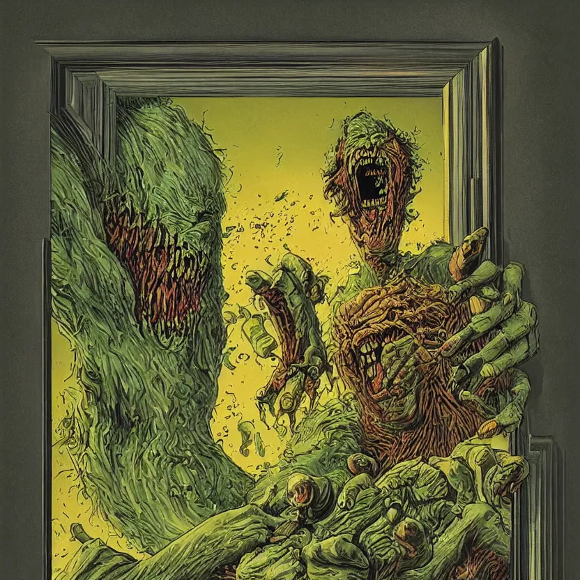 Prompt: a monster reaching through a framed painting. goosebumps cover art by tim jacobus, richard corben. pulp horror art.