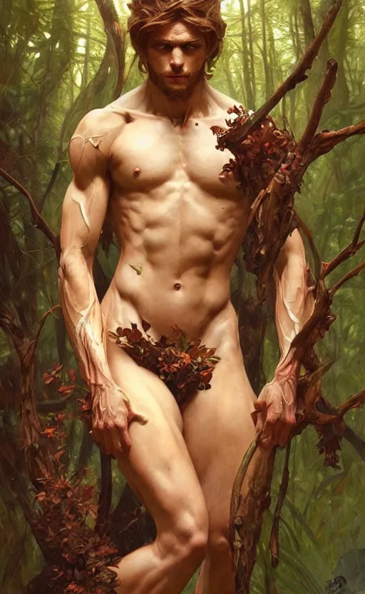 Image similar to young god of the forest, male, gorgeous, detailed face, anatomically correct hands!!!!!!, amazing, thighs!!!!!!, muscular, intricate, highly detailed, digital painting, artstation, concept art, sharp focus, illustration, art by greg rutkowski and alphonse mucha