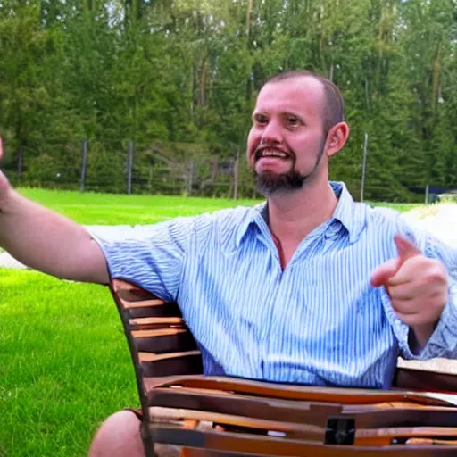 Image similar to man in a lawnchair doing fingerguns