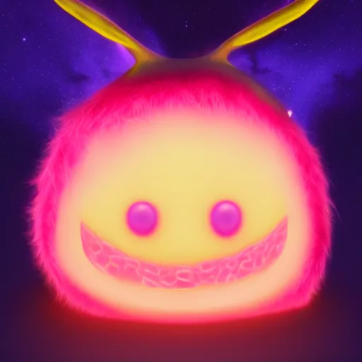 Image similar to an alien with a face that looks like a fuzzy peach the peach is fuzzy pink warm and ripe the alien has horns and a mean smile, 4k, highly detailed, high quality, amazing, high particle effects, glowing, majestic, soft lighting