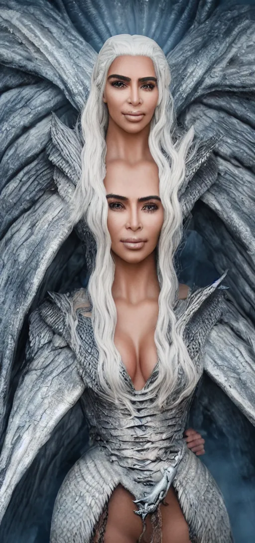 Image similar to Kim Kardashian as Daenerys Targaryen mother of dragons, drogon, XF IQ4, 150MP, 50mm, F1.4, ISO 200, 1/160s, natural light