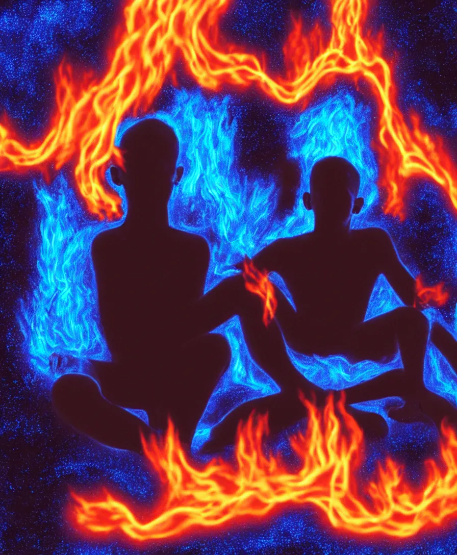 Prompt: a realistic photograph of a black boy left all alone in his astral projection blue demon flames strangled by his thoughts, sitting in the middle of iridescent fungal, extremely detailed, 8 k