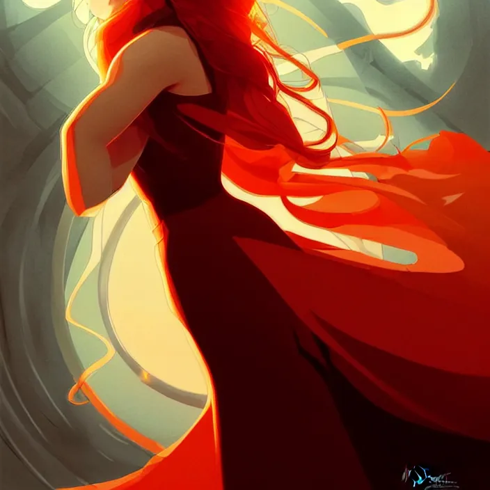 Image similar to style artgerm, joshua middleton, marc simonetti, beautiful kristen bell with dark red dress, very long orange hair, symmetrical face, symmetrical eyes, fire powers fire swirling, detailed, volcano setting, cinematic lighting