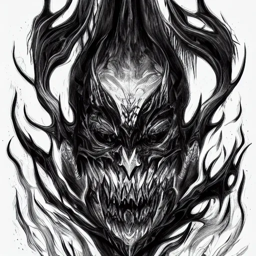 Image similar to grayscale drawing by Anato Finnstark of diablo lord of terror in 3/4 view, swirling flames