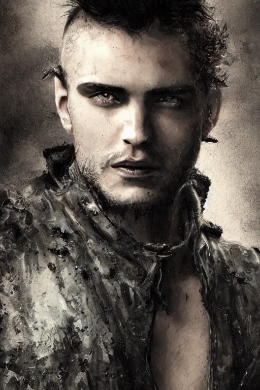 Image similar to a rugged looking young man, buzzed hair, gothic, tattered leather coat, intricate, elegant, dramatic lighting, handsome face, highly detailed, lifelike, photorealistic, digital painting, artstation, illustration, concept art, smooth, sharp focus, art by John Collier and Albert Aublet and Krenz Cushart and Artem Demura and Alphonse Mucha