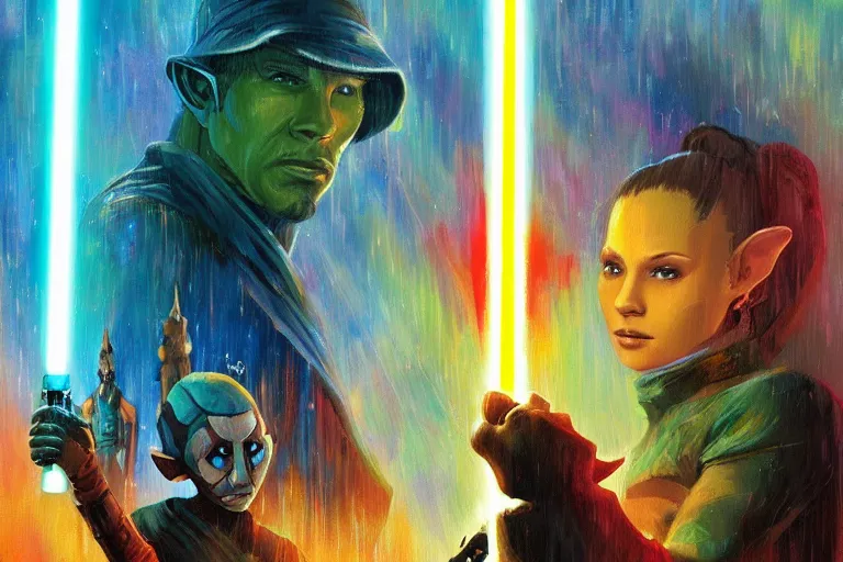 Image similar to star wars legend of zelda, art by dave mckean and rowena morrill and jeanbaptiste monge, trending on artstation, iridescent cool blue and cyan and red and blue and yellow and green lighting tilt - shift mac and cheese, blade runner 2 0 4 9, infrared, framed by sands, foreshortening