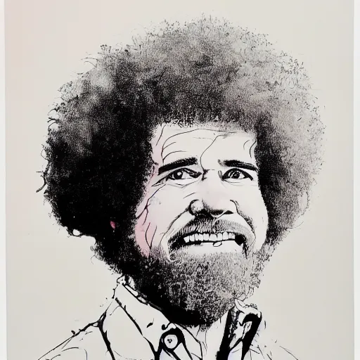 Image similar to bob ross in a portrait, drawn in ink by ralph steadman