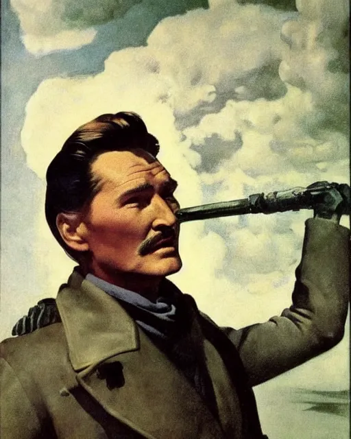 Image similar to Errol Flynn as a scientist. 1980s dystopian Soviet Russia, propaganda screens. By Greg Rutkowski, Gustave Courbet, Rosa Bonheur, Edward Hopper, Ilya Yefimovich Repin, Jean-François Millet, Andrew Newell Wyeth. Faithfully depicted facial expression, perfect anatomy global illumination, radiant light, detailed and intricate environment