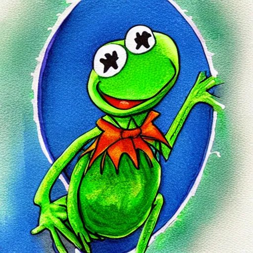 Image similar to Kermit the Frog trapped in a lightbulb, water color painting