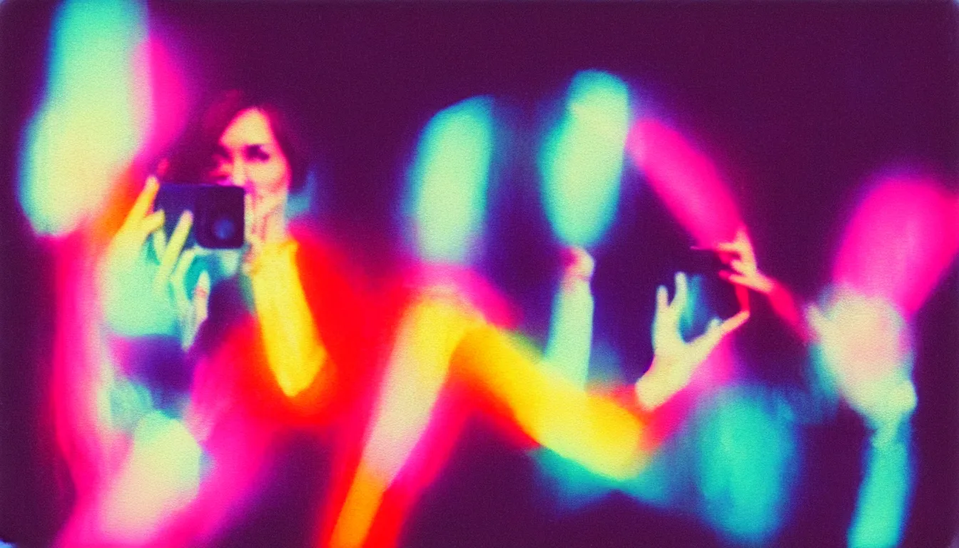 Prompt: colorful instant photograph of a woman blocking the camera with her hand, polaroid, light leak, raw, nostalgic