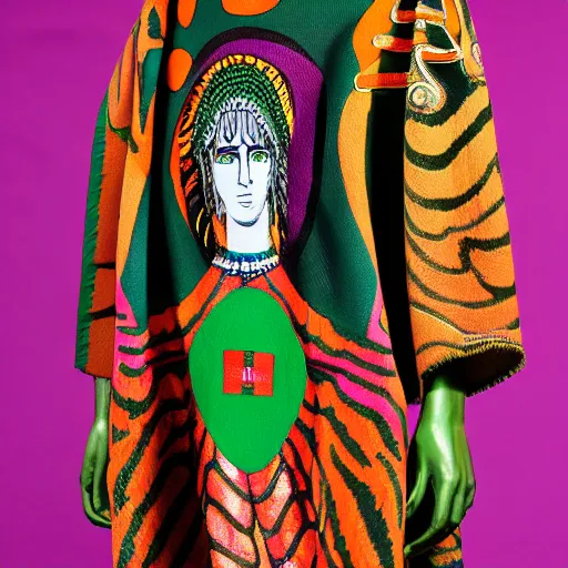 Prompt: gucci versace colorful intense intricate textile chiton himation cloak tunic streetwear cyberpunk modern fashion jupiter beguiled by juno on mount ida