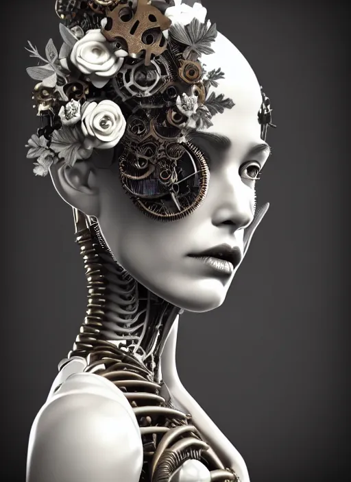 Image similar to monochrome 3 d model, steampunk biomechanical beautiful young female cyborg with porcelain profile face and a big floral eye, volumetric light, leaves foliage and stems, hibiscus flowers, boho floral vines, sinuous fine roots, fine foliage lace, alexander mcqueen, rim light, big gothic fashion pearl embroidered collar, octane render, 8 k