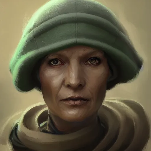 Image similar to portrait of a woman by greg rutkowski, female twi'lek, green skin, wool cap, star wars expanded universe, she is about 6 0 years old, wearing uniform of the galactic alliance navy, highly detailed portrait, digital painting, artstation, concept art, smooth, sharp foccus ilustration, artstation hq