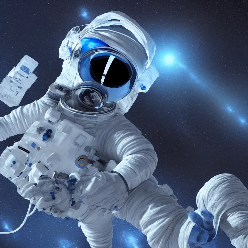 Image similar to a 3 d render of a blue astronaut in a empty void, digital art.