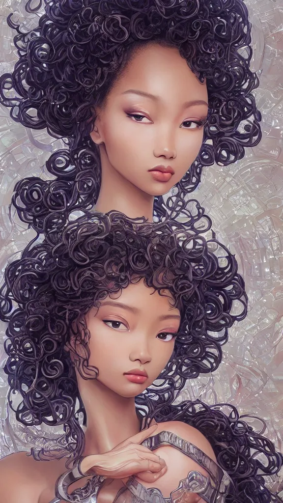 Prompt: ultra realistic elegant futuristic art, beautiful alluring anime blasian woman, afro big curls, haute couture intricate dress, gorgeous face and figure, sci - fi, fantasy, intricate, elegant, highly detailed, digital painting, artstation, concept art, smooth, sharp focus, illustration, art by tian zi and yuxiang chen and alphonse mucha and greg rutkowski