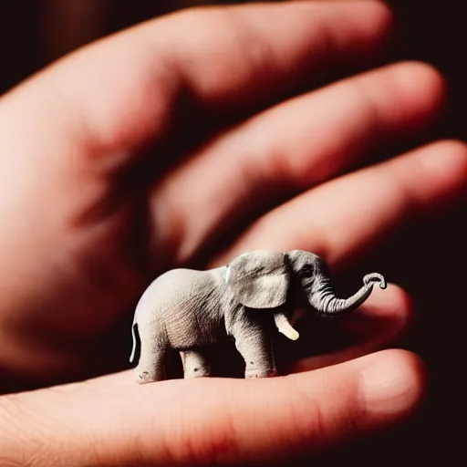 Prompt: tiny elephant in the palm of a hand perfect composition dynamic lighting realistic