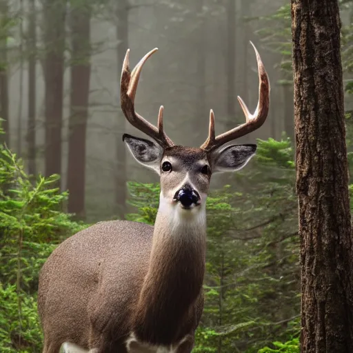 Image similar to a close up of a white - eyed deer, background of a landscape misty forest scene, the sun glistening through the trees