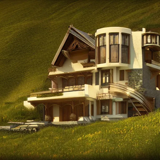 Image similar to small hillside house made of honey, modern lighting, hyper - realistic, hyper - detailed, 8 k, octane rendered, art nouveau, organic, flowing, impossible torsion, writhing, lush, dynamic