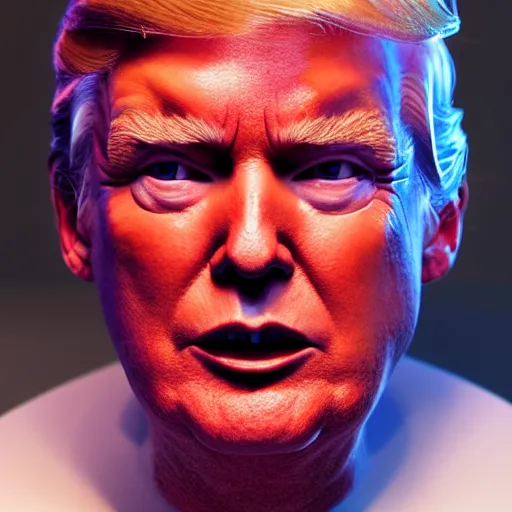 Image similar to donald trump full body detailed, ethereal, cyborg biomechanics, covered in blood diamonds and other gems glowing, highly detailed face, evil posed, evil expression, intricate, extremy detailed, beeple, cgsociety, 3 d unreal engine octane render. cinematic lighting, highly detailed 4 k art