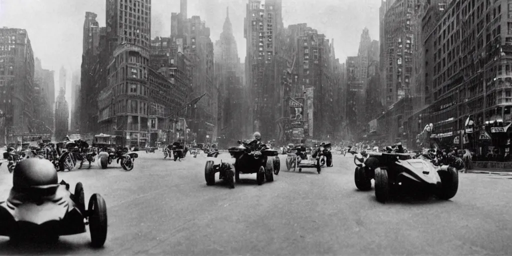 Image similar to old black and white photo, 1 9 1 3, depicting batmobile from dark knight rampaging through the bustling streets of new york city, rule of thirds, historical record