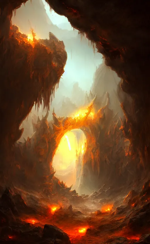 Image similar to a gate into hell, portal, doorway, in the distance of a giant cave, dynamic lighting, ambient lighting, atmospherical, photorealistic fantasy concept art, trending on art station, stunning visuals, creative, cinematic, ultra detailed