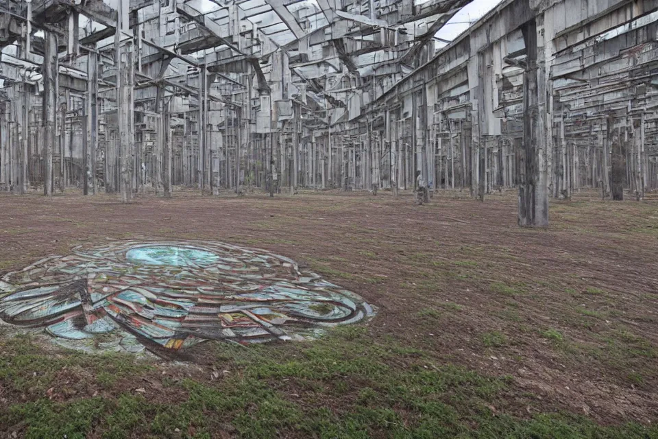 Image similar to geometric anamorphic graffiti of a forest on an abandoned factory, by birdo, alex maksiov and john pugh