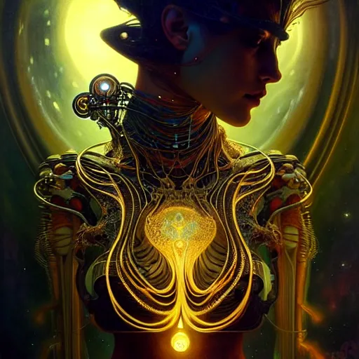 Image similar to extremely psychedelic beautiful cyborg virus infected by night. intricate, elegant, highly detailed, extremely lifelike photorealistic digital painting, artstation. steichen, gaston bussiere, tom bagshaw, cyberpunk alphonse mucha. totally elegant. anatomically correct. sharp focus. black and gold. surreal lush cosmic hallucination