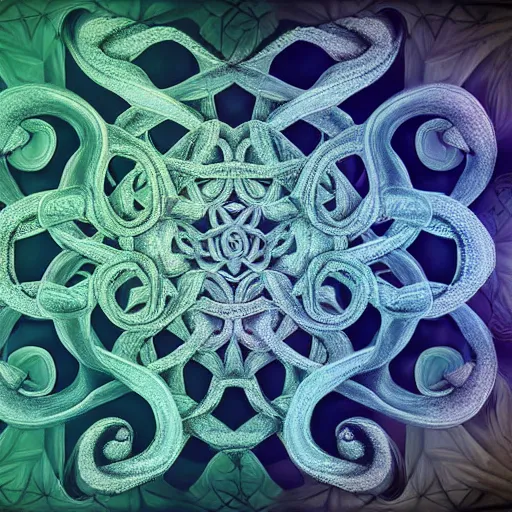 Image similar to a dramatic and beautiful digital matte painting of large iridescent octopus with legs made of fractal celtic knots, trending on cgartist, hi-fructose, mandala, string wall art, ultra detailed 8k