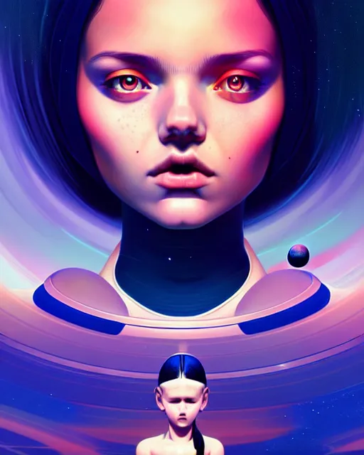 Image similar to girl in space, floating beside planets, symmetrical face and body, symmetrical composition, dynamic wavey hair, detailed designs, digital painting, 4 k, by ilya kuvshinov, by greg rutkowski, atmospheric lighting