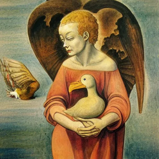 Prompt: biblical angel holding a duck, terrifying, by jean deville, by william blake, oil on canvas