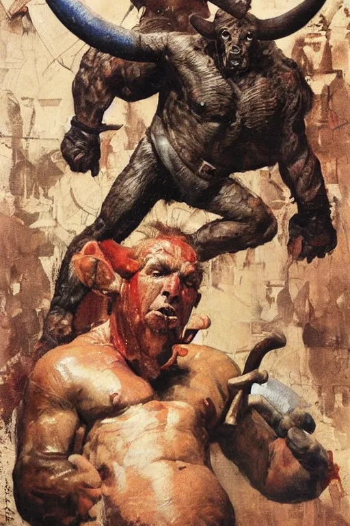 Prompt: dorian yates as huge minotaur half man half bull wearing butcher's apron, dynamic action, by norman rockwell, jack kirby, alex ross, bergey, craig mullins, ruan jia, jeremy mann, tom lovell, 5 0 s science fiction, pulp scifi fantasy illustration full body portrait, astounding stories, amazing, fantasy, other worlds