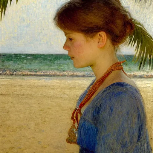 Image similar to a ultradetailed beautiful painting of a girl in the amazonas palace designed by jules bastien - lepage, hans belmer, frank weston and gustave baumann, beach, trending on artstation, mediterranean, palm trees, light sparkles, sharp focus, soft light, 8 k 4 k