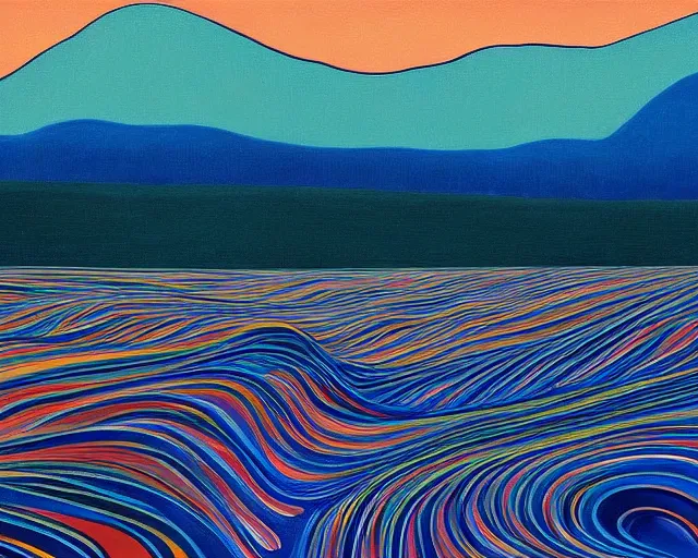 Image similar to A wild, insane, modernist landscape painting. Wild energy patterns rippling in all directions. Curves, organic, zig-zags. Saturated color. Mountains. Clouds. Rushing water. Waves. Wayne Thiebaud. Lisa Yuskavage landscape.