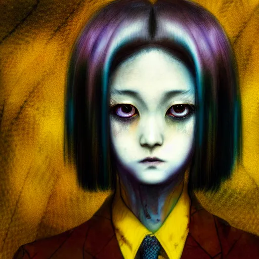 Image similar to yoshitaka amano blurred and dreamy realistic three quarter angle horror portrait of a sinister young woman with short hair and yellow eyes wearing office suit with tie, junji ito abstract patterns in the background, satoshi kon anime, noisy film grain effect, highly detailed, renaissance oil painting, weird portrait angle, blurred lost edges
