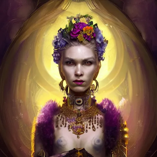 Prompt: realistic character concept, the empress with lots of jewelry and yellow and purple flowers in the face, elegant pose, scifi, illustration, slender symmetrical face and body, artstation, cinematic lighting, hyperdetailed, 8 k, high resolution, charlie bowater, tom bagshaw, insanely detailed and intricate, elegant, dark fractal background, vfx, art deco, postprocessing