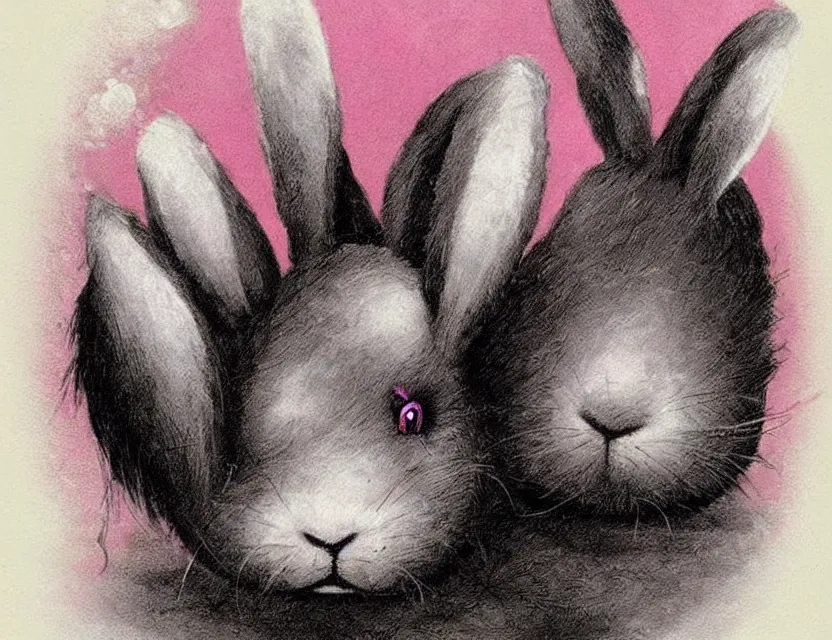 Prompt: old - school dark fantasy art, cute fluffy pink bunny