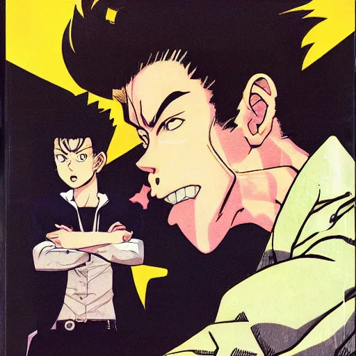 Image similar to young boy angry with pompadour hair, art by katsuhiro otomo, tetsuo hara, hirohiko araki, jotaro kujo, banchou, action pose, manga cover