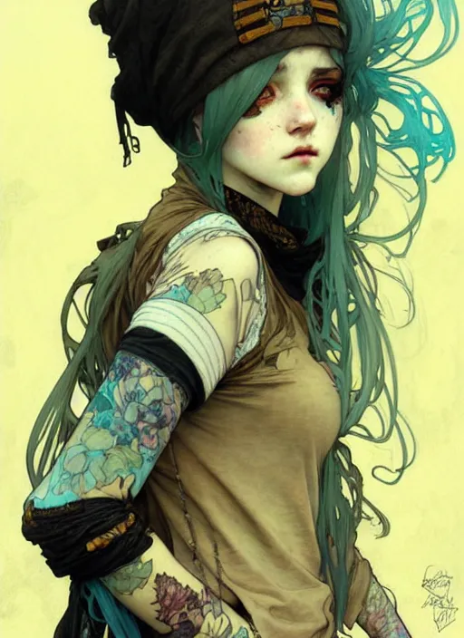 Image similar to highly detailed portrait of a moody sewerpunk young adult lady by krenz cushart, by artem demura, by alphonse mucha, by kaethe butcher, gradient yellow, black, brown and cyan color scheme, grunge aesthetic!!! ( ( graffiti tag city background ) )