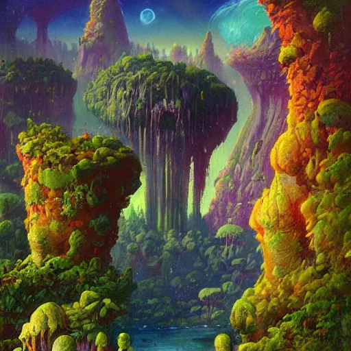 Image similar to beautiful illustration of a lush natural scene on an alien planet by paul lehr. science fiction. extremely detailed. beautiful landscape. weird vegetation. cliffs and water.