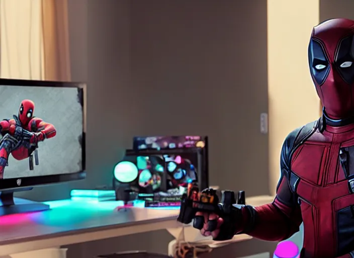 Prompt: film still of Deadpool working as a twitch streamer next to his RGB gaming PC in his neon lit bedroom in the new Deadpool movie, 4k