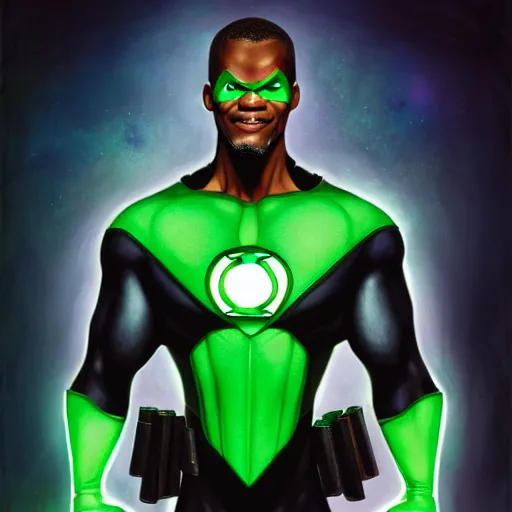 Image similar to A studio full body shot of a photorealistic green lantern performer by Jamie Foxx, symmetrical face, deep focus, D&D, fantasy, intricate, elegant, highly detailed, digital painting, artstation, concept art, matte, sharp focus, illustration, hearthstone, art by Artgerm and Greg Rutkowski and Alphonse Mucha